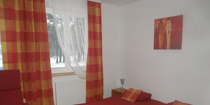 Obytná místnost apartmánu s rozkládacím gaučem a kuchyňkou.