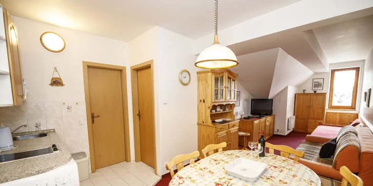 Kuchyňský a jídelní kout v obývací části apartmánu.