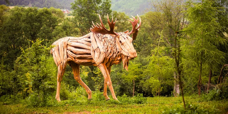 Vstup do Woodlandie, parku drevených sôch na Liptove: teakové zvieratá, chodník s úlohami