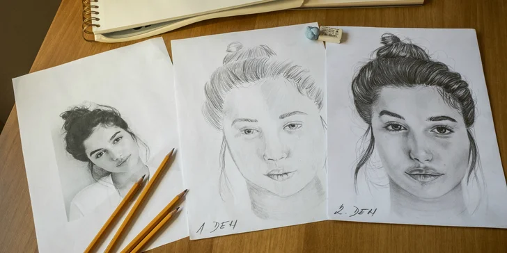 Vlevo vidíte předlohu, vpravo již práce studenta za první a druhý den kurzu. 