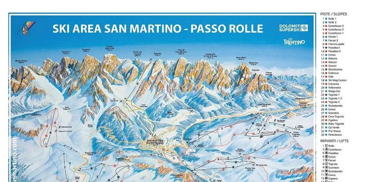Skiareál San Martino di Castrozza nabízí 60 km sjezdovek.