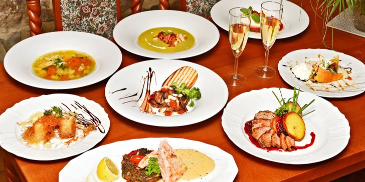 Čtyřchodové menu a víno pro 2: feta sýr, kachní jatýrka i prsa, losos a dezerty
