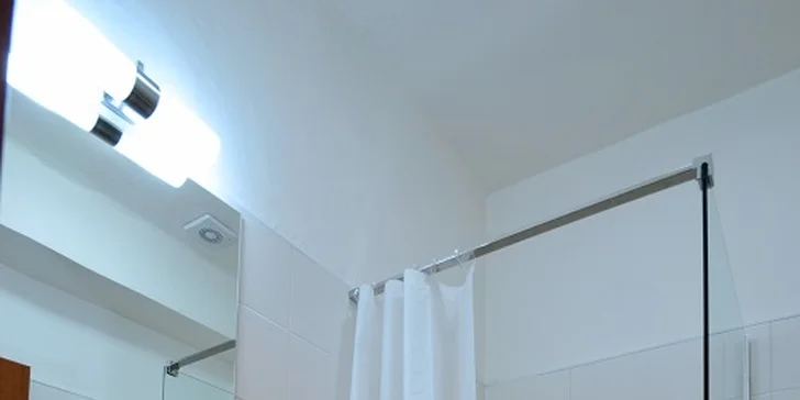 V koupelně je sprchový kout, sociální zařízení a fén.