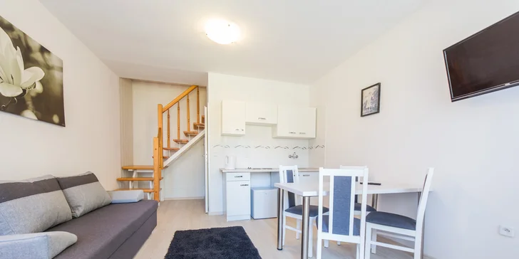 Dle zvolené varianty je k dispozici také apartmán s kuchyňským koutem.
