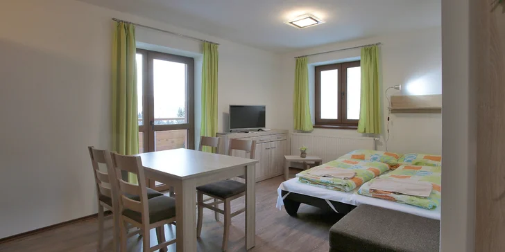 Obývacia miestnosť má rozkladaciu pohovku pre 2 osoby (na fotke apartmán 5).