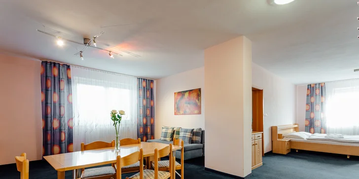  Súčasťou apartmánu je aj priestranná obývacia izba s pohovkou a satelitnou TV. 