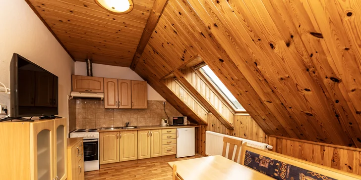 Apartmány mají vlastní vybavenou kuchyň, ložnici i posezení s televizorem.