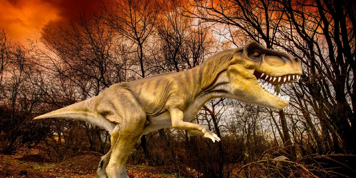 Uááá! Děsivý tyranosaurus je tu taky.