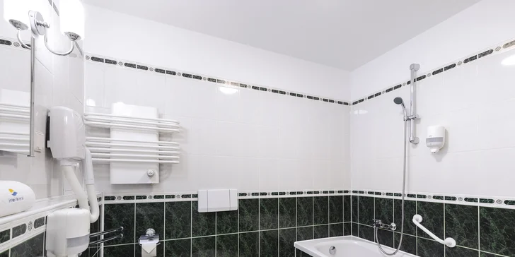  V koupelně najdete vanu nebo sprchu, vysoušeč vlasů a sadu hotelové kosmetiky.