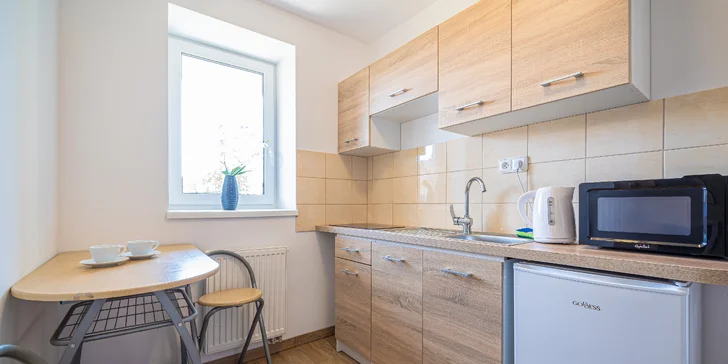 K dispozici jsou pokoje a apartmány s kuchyňkou. 