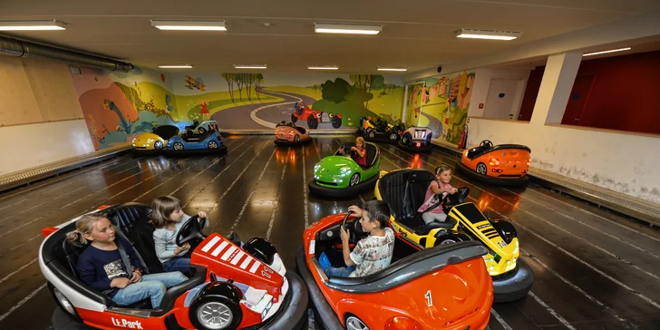 Na autodromu si zařádíte společně. Autíčka a lodičky se platí zvlášť (20 Kč za 5 minut). 