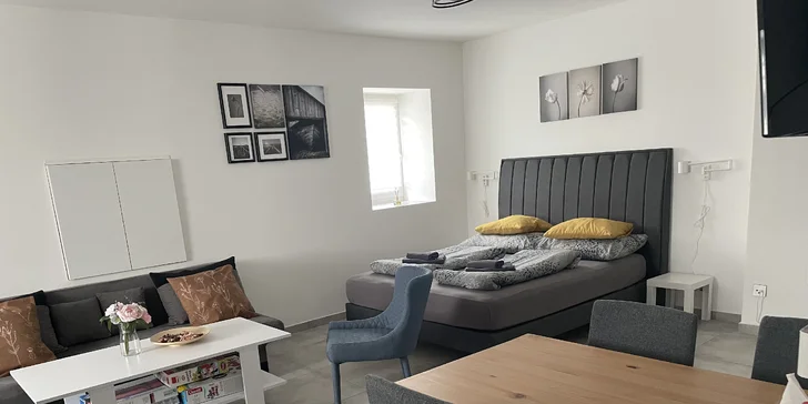 Vařit si budete v moderní kuchyni s jídelním koutem, kde najdete ledničku, dvouplotýnkový vařič, mikrovlnku, rychlovarnou konvici a topinkovač. 