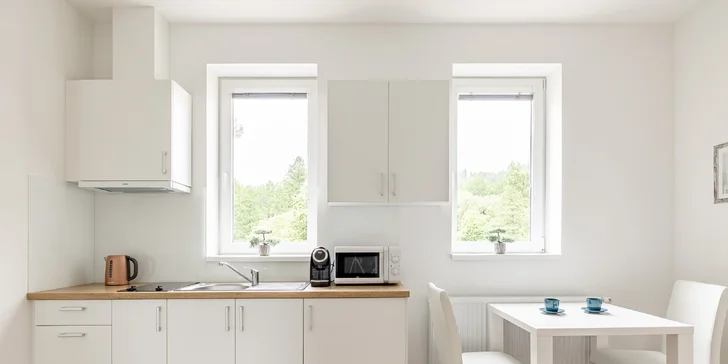 Všechny apartmány nabídnou moderní vybavení, samostatnou ložnici s manželskou postelí, obývací pokoj s gaučem a vybavenou kuchyňkou. (Aparmán č.2)