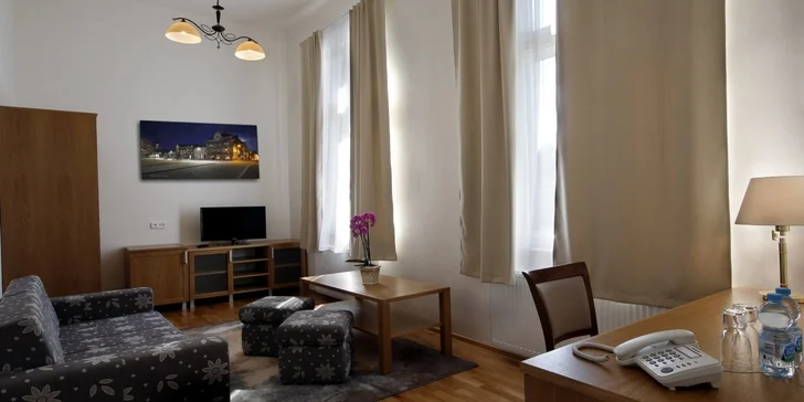 Nebude vám tu chybět ani mini lednička a TV.