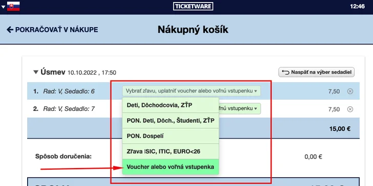 V ďalšom kroku si z ponúknutých možností zvolíte možnosť "voucher alebo voľná vstupenka"