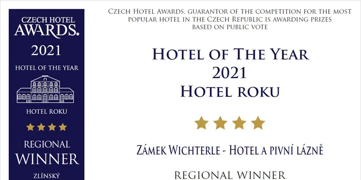 Hotel se stal vítězem soutěže Czech Hotel Awards 2021 v kategorii 4* hotelů ve Zlínském kraji. Přijeďte se přesvědčit, že právem.