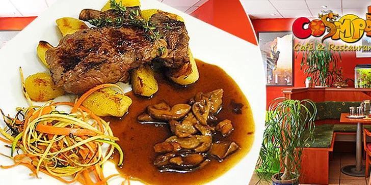 Šťavnatý rib eye steak alebo kurací steak so zemiačkami, omáčkou a vínkom