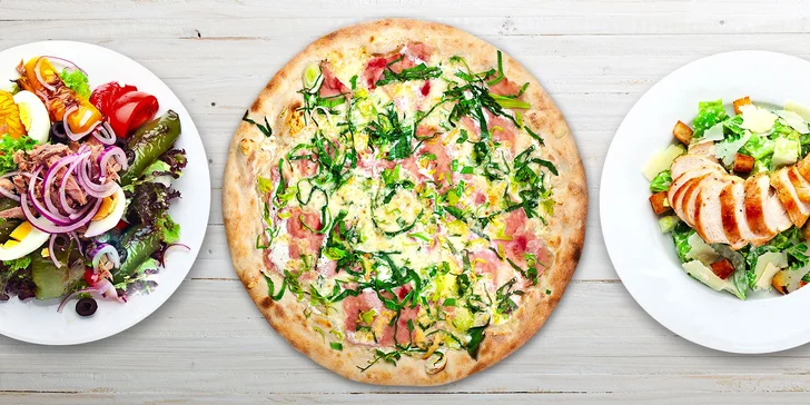 Pizza, saláty i těstoviny - 2 či 3 libovolné pokrmy vč. rozvozu po Holešovicích