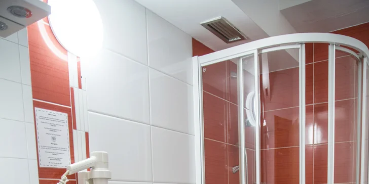 V koupelnách pokojů Standard a Deluxe je sprchový kout (na fotce pokoj Standard).