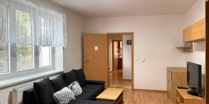Čeká vás samostatná ložnice s dvoulůžkem a rozkládacím gaučem a obývací pokoj s kuchyňským koutem a další rozkládací pohovkou vhodnou pro 2 děti.