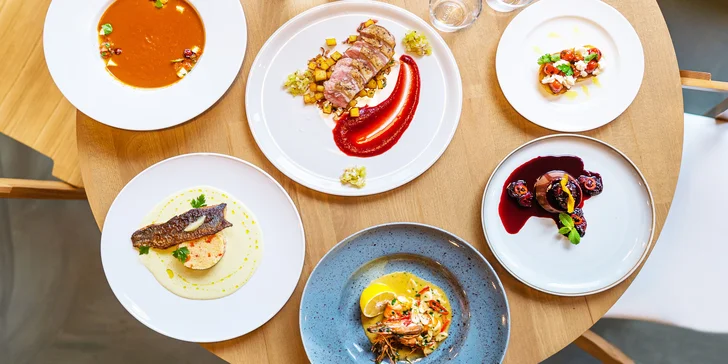 5chodové degustační menu pro dva: kachní prso či pstruh, krevety, rajská polévka, panna cotta