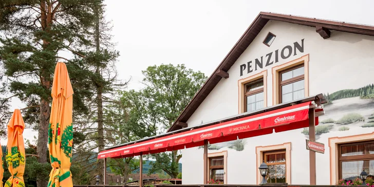 Pri penzióne nechýba terasa a záhrada s ohniskom na grilovanie.