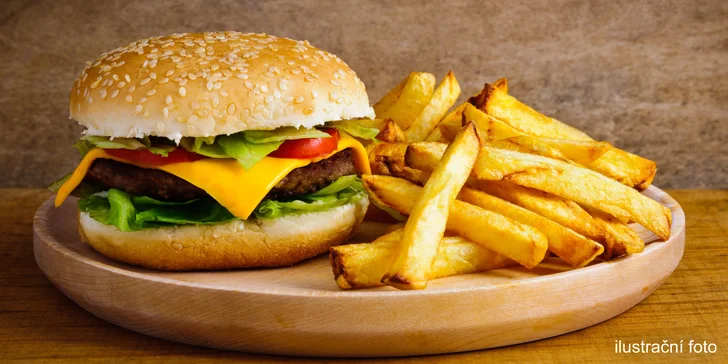 Burger s hovězím a čedarem a porce hranolků pro jednoho nebo dva