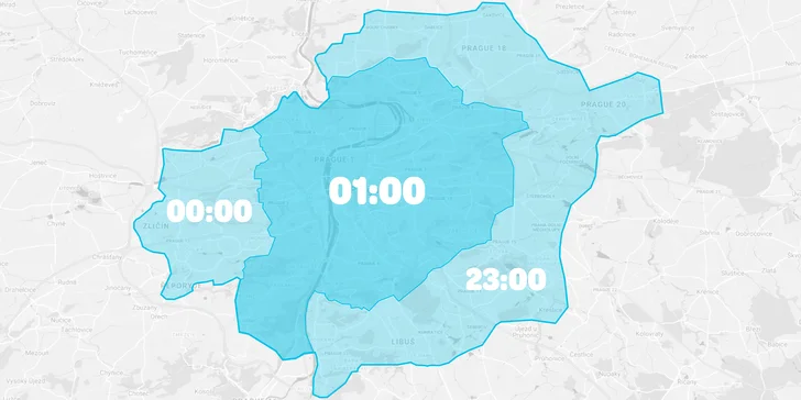 Takhle vypadá oblast rozvozu v Praze. Začínají každý den v 8 hodin ráno, na "zavíračky" mrkněte přímo do mapy.