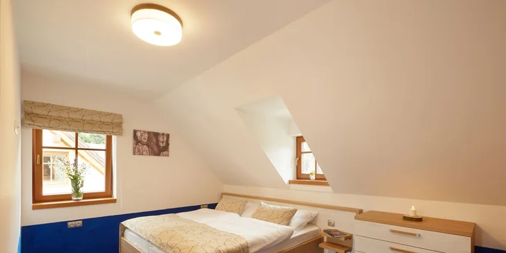 V apartmá jsou dva samostatné pokoje, jeden s manželskou postelí, druhý se dvěma oddělenými lůžky. 