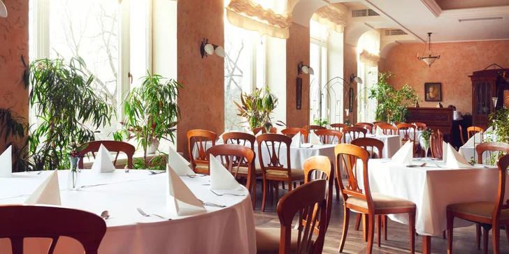 V balíčku máte vždy snídani nebo polopenzi, která se podává v zámecké restauraci. V romantické variantě se těšte na speciální večeři. 