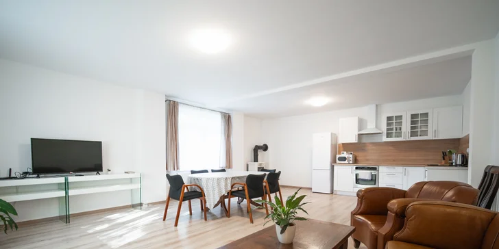 Samozřejmostí je velký obývák, televize s Netflixem i plně vybavená kuchyň (apartmán Sunset).