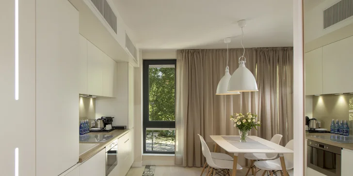 Ve všech apartmánech najdete plně vybavený kuchyňský kout.