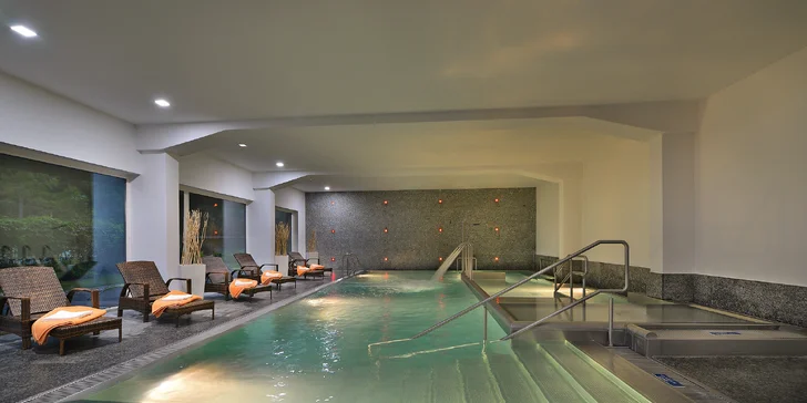 Ve wellness je bazén s integrovanou vířivkou a chrliči vody a finská sauna (sauna je za příplatek). Nechybí ani brouzdaliště pro děti. 