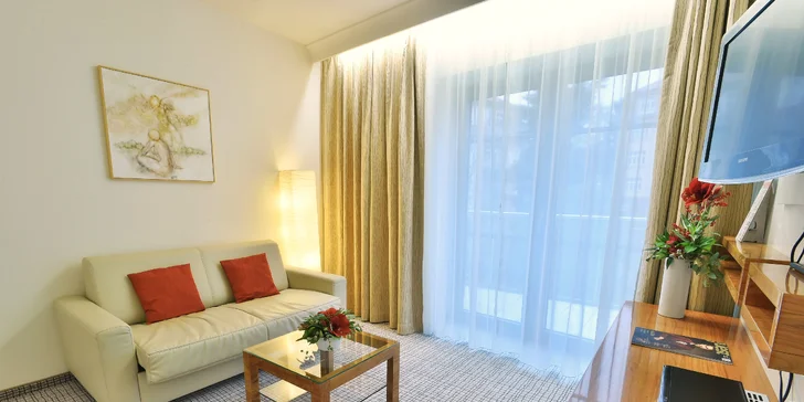 K vybavení patří LCD televize s úhlopříčkou 81 cm a satelitními programy, zatmívací závěsy, minibar i luxusní matrace vysoká 22 cm. 