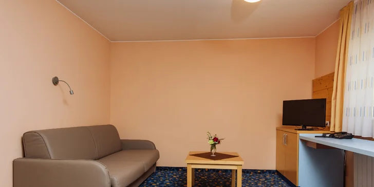 V apartmánech je oddělená obývací část s rozkládací pohovkou.