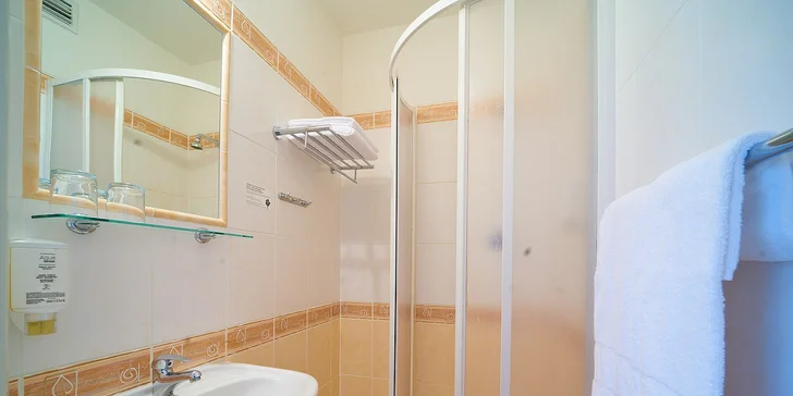 Nechybí ani koupelna se sprchou, fén a WC.