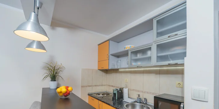 Nechýba plne vybavená kuchyňa s jedálenským stolom, varnou doskou, chladničkou, mikrovlnnou rúrou, rýchlovarnou kanvicou, kávovarom a všetkým riadom.