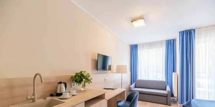 Součástí pokoje je malý kuchyňský koutek se dřezem, lednicí a konvicí (na fotce Family Comfort). 