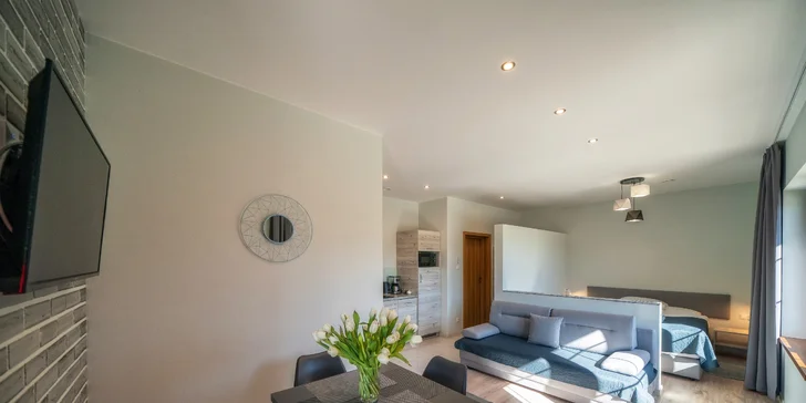  V apartmánu vám navíc poslouží rozkládací pohovka a kuchyňský kout.