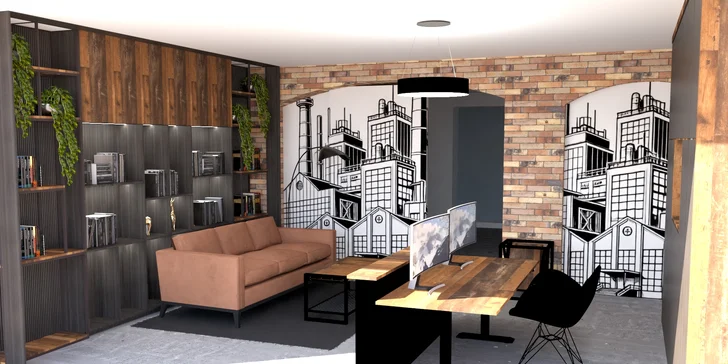 Pracovní prostředí s charakterem – surové materiály, kovové prvky a otevřený prostor pro moderní kancelářskou atmosféru.