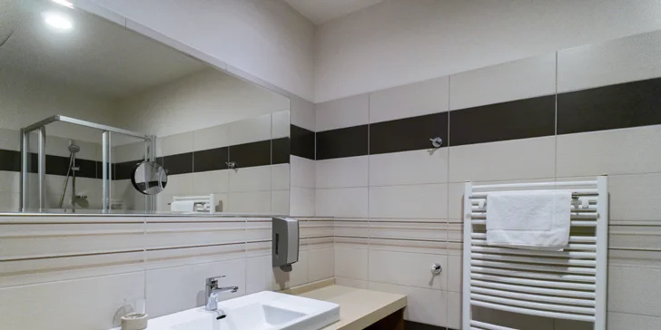 Jak na pokoji, tak v apartmánu je k dispozici koupelna se sprchou, WC a fénem. 