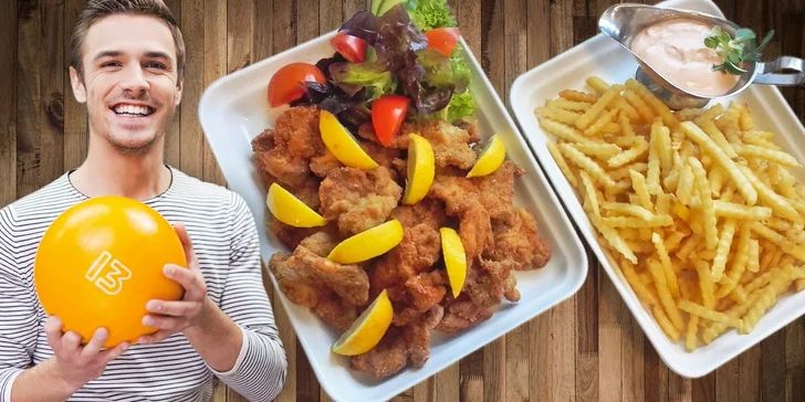 800 g kuřecích miniřízečků, hranolky a hodina bowlingu k tomu