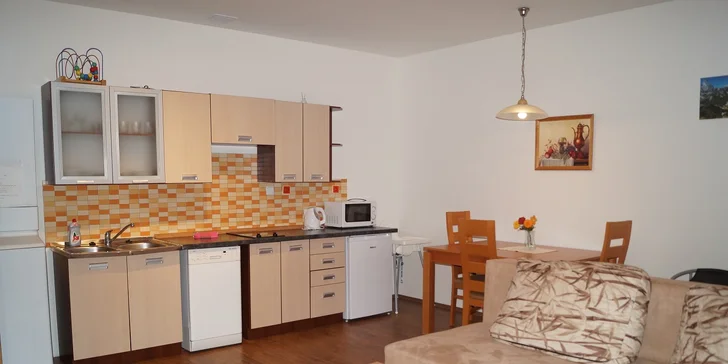 Apartmán s ložnicí, obývacím pokojem a koupelnou vám nabízí veškerý potřebný komfort. 