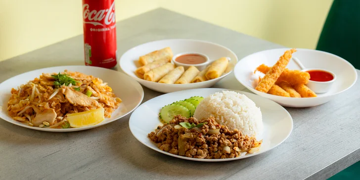 Ázijský combo set s nápojom: Pad Thai, Pad Krapow či krevety a jarné rolky