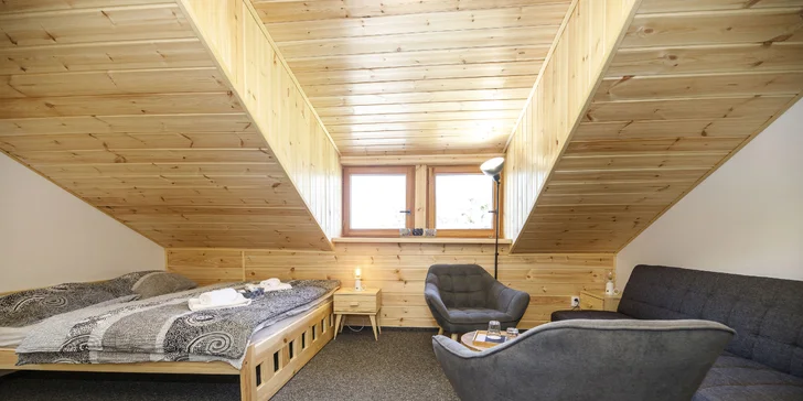 V nabídce najdete i podkrovní apartmá s možností 2 přistýlek pro děti do 17,9 let. 