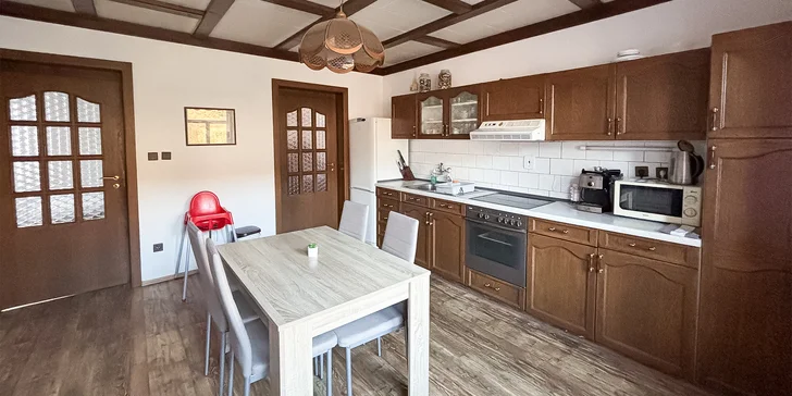 Súčasťou apartmánu je aj vybavená kuchynka (vrátane chladničky, varnej dosky a mikrovlnky).