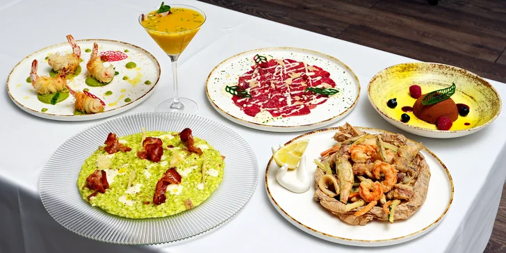 Těšte se na hovězí carpaccio, směs s krevetami, rizoto i čokoládové mousse.