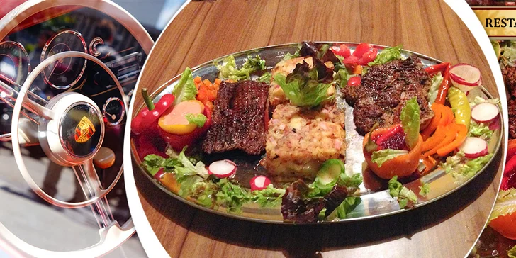 600 g steaků pro dva s přílohou a dipem na tácu