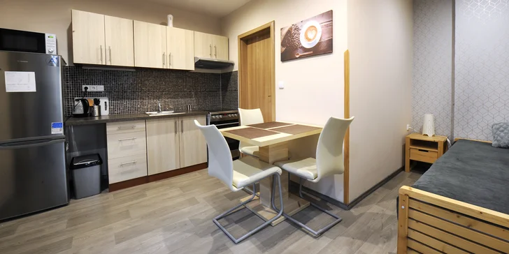 Součástí apartmánu je vybavená kuchyně. Nachystanou také budete mít lahev vína od místního vinaře. 