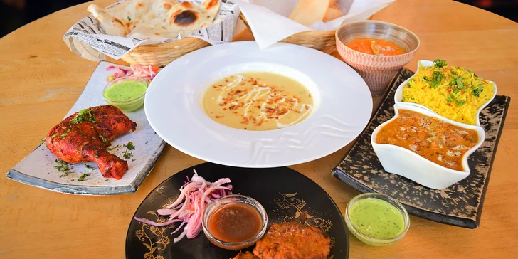 Indické menu s masem nebo bez: kuřecí tandoor, zeleninový madras, hovězí rezala a další pochoutky